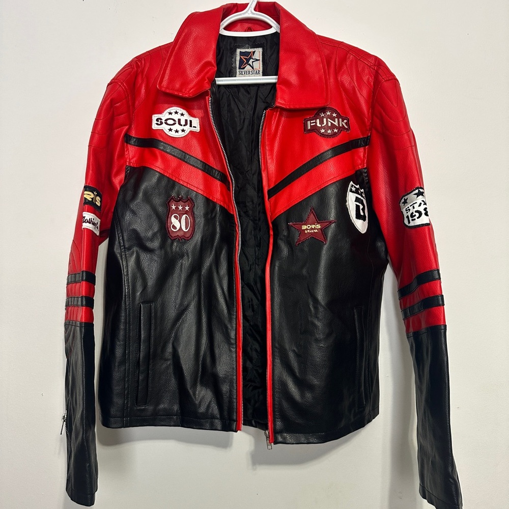 **UP to 50% OFF ** Red & Black Patch Moto Jacket - Soul Funk Racing Style